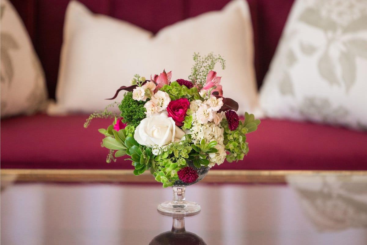 Red and white flowers on a table